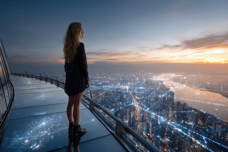 A young woman stands on a glass balcony overlooking a vibrant city skyline as the sun sets in the background.の写真素材