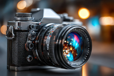 A close-up of a vintage camera, shot with a macro lens, evoking a sense of nostalgia and love for photographyの写真素材