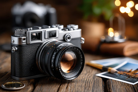 A vintage camera sits on a wooden table with photographs and a pencilの写真素材