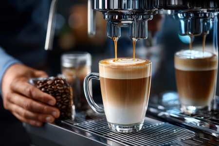 Barista deftly pours steamed milk, crafting beautiful latte art in a bustling cafe.の写真素材
