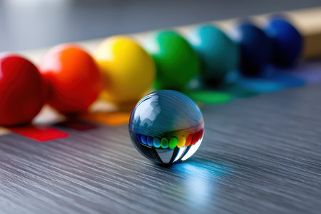 A glass marble with a rainbow reflection sits in front of a row of colorful wooden beads, creating a striking visual.の写真素材