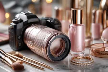 A camera, cosmetics, and jewelry arranged on a marble tableの写真素材