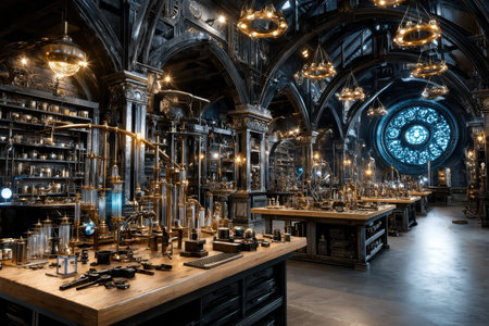 A beautifully designed steampunk laboratory showcases various glass and metal apparatus under soft lighting.の写真素材