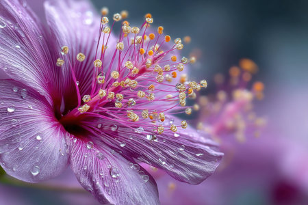 Closeup macro view of purple flower with water dropletsの写真素材
