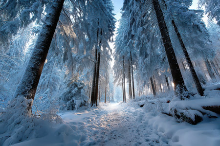 A snowy path winds through a serene forest of snowcovered treesの写真素材