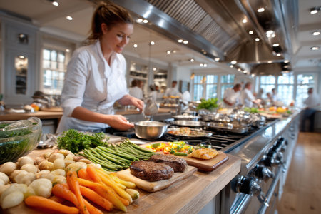 A chef prepares a healthy meal with fresh vegetables and meat in a commercial kitchenの写真素材