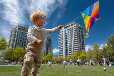 A young child enthusiastically holds a vibrant kite while enjoying a sunny day in a bustling park.の写真素材
