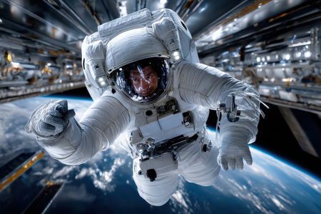 An astronaut floats in the space station with Earth visible belowの写真素材
