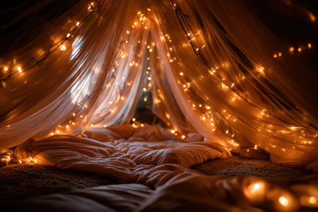 A cozy indoor fort built with soft blankets and twinkling lights provides a charming retreat for relaxation.の写真素材