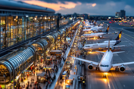 Busy airport terminal at dusk with airplanes parked at the gatesの写真素材