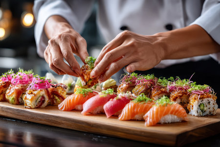 Skilled chef artfully arranges colorful sushi rolls and slices on a wooden board amidst ambient lighting.の写真素材