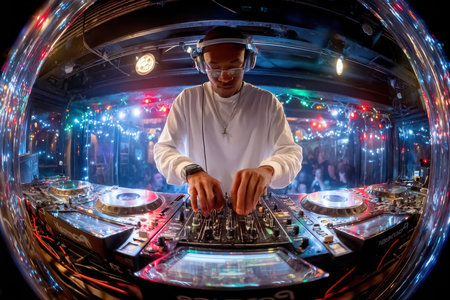 A DJ mixes music on turntables in a nightclub settingの写真素材