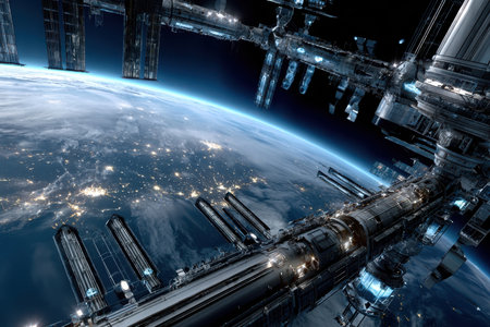 A space station orbits Earth at night, city lights visible belowの写真素材