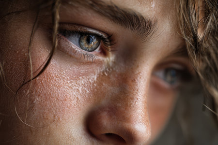 A young person with striking blue eyes and freckles gazes thoughtfully, capturing a moment of deep reflection.の写真素材