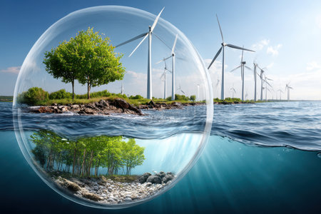 Wind turbines line a shoreline while a bubble reveals a vibrant underwater world full of life and greenery.の写真素材