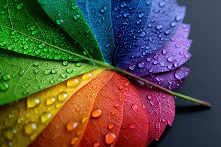 Raindrops glisten on a spectrum of colorful leaves, showing a vibrant array of colors after the rain.の写真素材