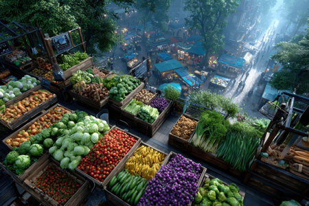 A bustling farmer's market in an urban setting, showcasing vibrant colors and energy, shot in soft morning light, using a drone cameraの写真素材
