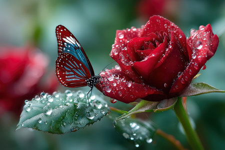 A red rose and a butterfly with water droplets on their surfacesの写真素材