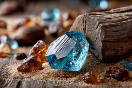 Crystals and gemstones arranged on sand and weathered woodの写真素材