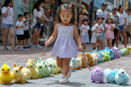 A young girl in a lavender dress leads a line of colorful plush animals along a bustling street.の写真素材