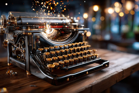 A vintage typewriter sits on a wooden table, sparks flying around it in a warm, inviting coffee shop atmosphere.の写真素材