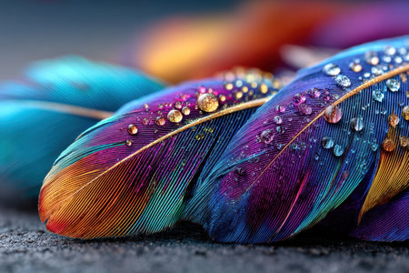 Closeup of colorful feathers with sparkling water dropletsの写真素材