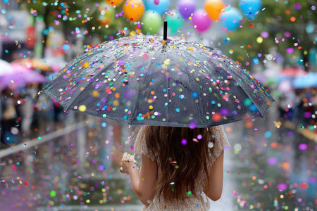 People gather in the city enjoying a festive atmosphere filled with confetti and colored balloons.の写真素材