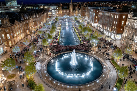 Aerial view of a city center at night with a fountain and Christmas lightsの写真素材