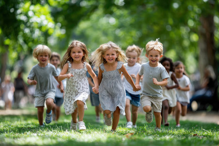 A group of diverse children running happily in a parkの写真素材