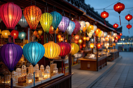 Colorful lanterns hang from a market stall at nightの写真素材