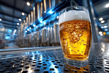 A glass of beer sits on a metal surface in a breweryの写真素材