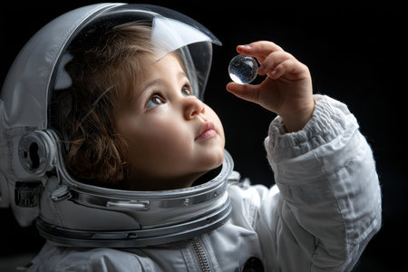 A curious child in a white astronaut suit examines a shiny marble, captivated by its reflections.の写真素材