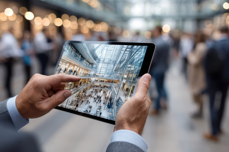 A person uses a tablet to view a digital representation of a bustling shopping mall during an event.の写真素材