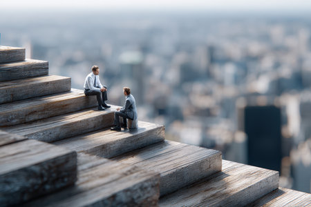 Two men in suits engage in a conversation while sitting on a set of wooden steps that overlook a bustling city.の写真素材