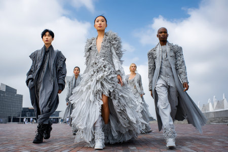 Models walk confidently in unique silver outfits under a cloudy sky, highlighting contemporary fashion trends.の写真素材