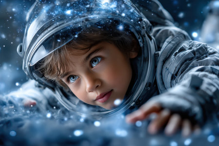 Child in a space suit gazes at twinkling stars, filled with dreams of space exploration under a cosmic sky.の写真素材