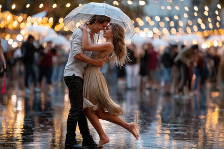 A couple dances joyfully in the rain beneath an umbrella during a lively evening celebration.の写真素材