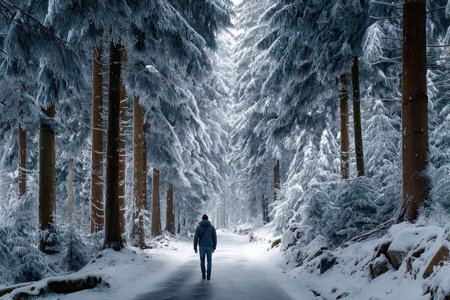 A man walking alone in a snow-covered forest, under soft, diffused light, captured with a telephoto lens, conveying a sense of solitude and introspectionの写真素材