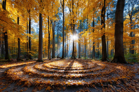 Sunlight streams through golden autumn trees onto a leaf-covered forest floorの写真素材