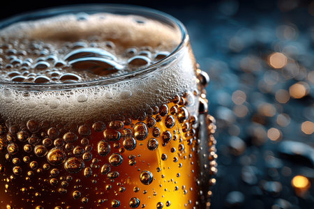 A close-up of a frothy pint of beer, under soft, ambient light, shot with a macro lens, evoking a sense of refreshment and relaxationの写真素材