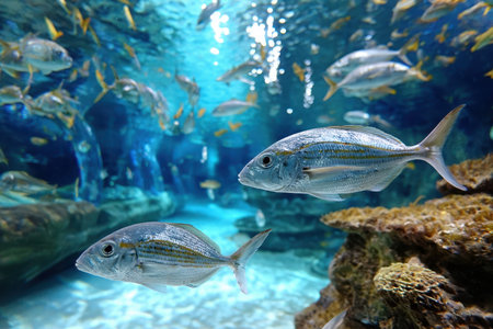 Two silver fish swim near coral in a large blue aquariumの写真素材