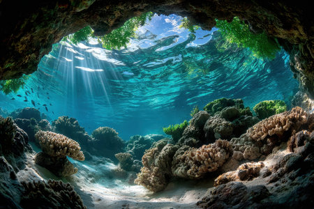Sunbeams illuminate a coral reef under a rocky overhang in the oceanの写真素材