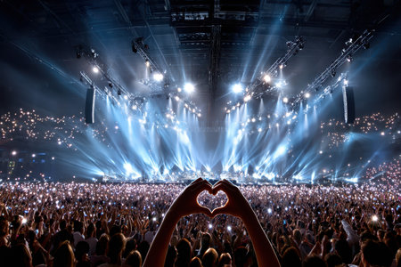 Heart hands at a lively concert in a large arenaの写真素材