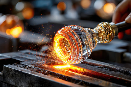A glassblower shapes molten glass with sparks flyingの写真素材