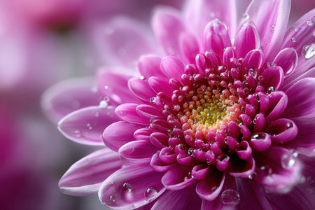Closeup of a vibrant pink chrysanthemum flower with dewdropsの写真素材