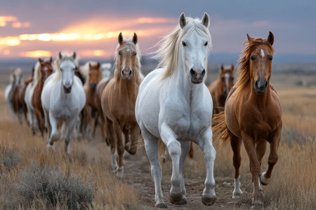 Herd of wild horses running across a field at sunsetの写真素材