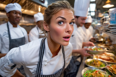 Chefs work together preparing fresh food in a commercial kitchenの写真素材