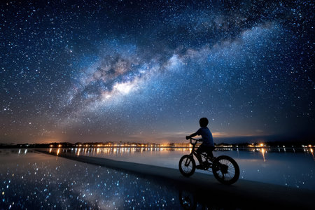 A child rides a bicycle along a reflective shore while gazing at the bright Milky Way.の写真素材