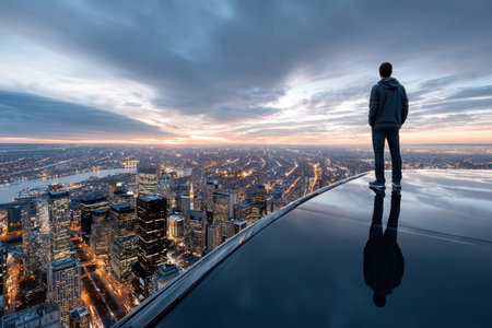 Person stands on a rooftop edge, gazing at the sprawling city skyline as the sun sets, casting vibrant colors.の写真素材