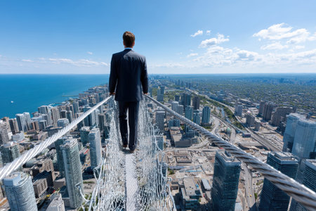 A businessman confidently walks on a tightrope above a bustling city, showing bravery and focus.の写真素材
